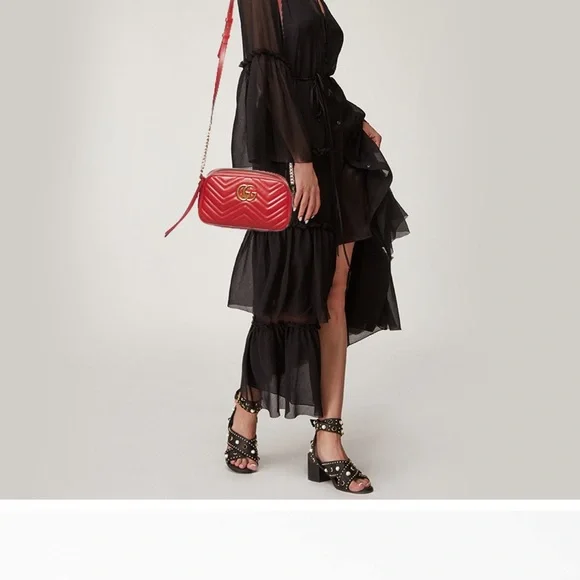 GUCCI Red Matelasse Leather Small GG Marmont Shoulder Bag - Picture 2 of 8